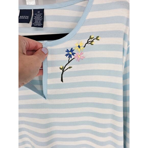 Basic Editions Women's Blue White Striped V-neck Embroidered T-shirt Top Size 2X - Picture 2 of 4